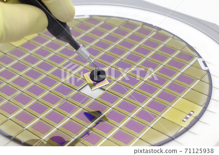 Silicon wafer with microchips, fixed in a holder with a steel frame on a gray background after the process of dicing. Microchip separation with tweezer in hand. Silicon wafer with microchips, fixed in a holder with a steel frame on a gray background after the process of dicing. Microchip separation with tweezer in hand. 71125938