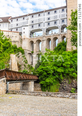 Cloak Bridge, Czech: Plastovy most, of Cesky Krumlov Castle. Multi-stage medieval bridge. View from bottom. Cesky Krumlov, Czech Republic 71127646