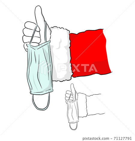 hand of Santa Claus with thump up sign holding medical mask to prevent Covid-19 virus vector illustration sketch doodle hand drawn with black lines isolated on white background 71127791