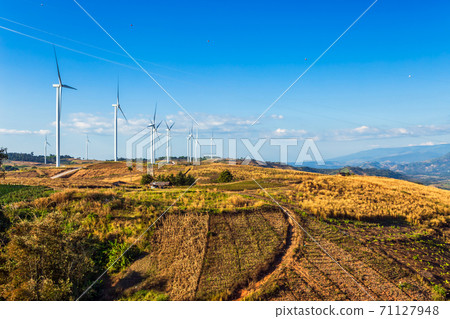 Wind turbines on hill in the khao kho park, Thailand. Clean energy, eco power energy, Green energy. 71127948