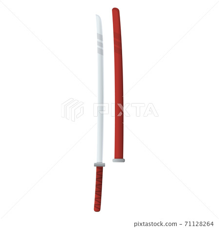 Medieval war type of weapon, concept icon japanese katana sword old cold weapon flat vector illustration, isolated on white. Cartoon equipment of murder. 71128264