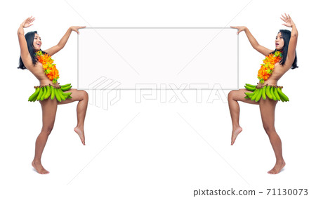 Two exotic dancers with a banana skirt holding a blank billboard, isolated on white background. 71130073