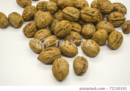 The autumn crop of  walnuts in shell on white background The autumn crop of  walnuts in shell on white background 71130191