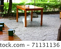 green glass on brown wood table with blur background 71131136