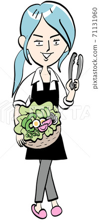 Blue-haired woman in an apron and salad - Stock Illustration [71131960 ...