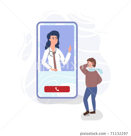 Sick patient talking by video call with a doctor. Online medicine in the phone. VR consultation. Online Diagnosis, Virtual chat with doctor. Digital healthcare. Design banner template. Vector cartoon Sick patient talking by video call with a doctor. Online medicine in the phone. VR consultation. Online Diagnosis, Virtual chat with doctor. Digital healthcare. Design banner template. Vector cartoon 71132297