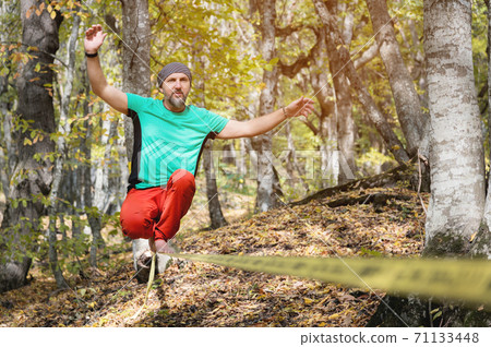 A bearded man in age balances while sitting on a taut slackline in the autumn forest. Outdoor Leisure 71133448