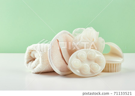 Bathroom Accessories - Shampoo, loofah, towel, bath salt and body brush 71133521