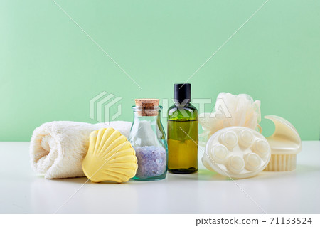 Bathroom Accessories - Shampoo, loofah, towel, bath salt and body brush 71133524