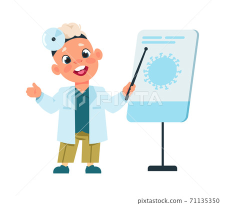 Cute kid doctor. Cartoon boy in white medical suit with pointer at blackboard talking about virus. Hospital consultation, medicine and healthcare advertising. Vector clinic illustration 71135350