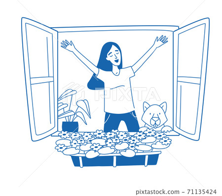 Young woman standing open window in the morning, ventilating room 71135424
