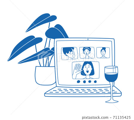 Video call friends, wine glass and plant next to laptop 71135425