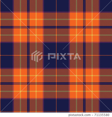 Tartan Cloth Pattern. Checkered plaid vector illustration. Seamless background of Scottish style. Great for fashion wallpapers, textiles, decorations, web, prints. Dark Blue, Yellow, Orange, Violet. 71135580
