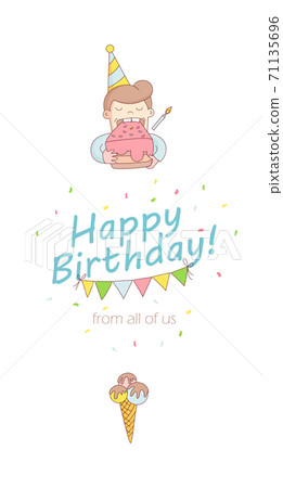 Happy birthday party greeting card invitation funny kid character eating birthday cake. Text with celebration decoration. Line flat design kid's style 71135696