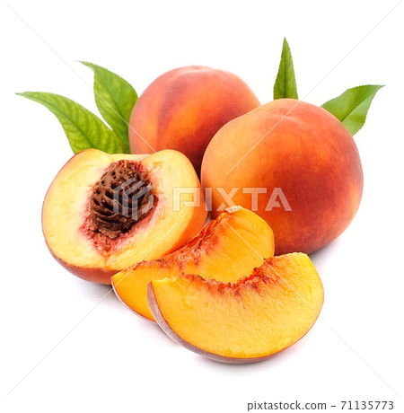 Sweet peaches with leaves isolated on white backgrounds. Sweet peaches with leaves isolated on white backgrounds. 71135773