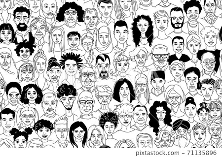 Women's men's children's portraits line drawing doodle poster seamless pattern 71135896