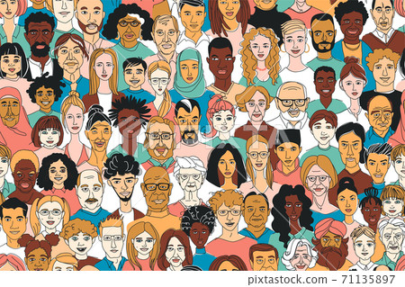 Women's men's children's portraits line drawing doodle poster seamless pattern 71135897