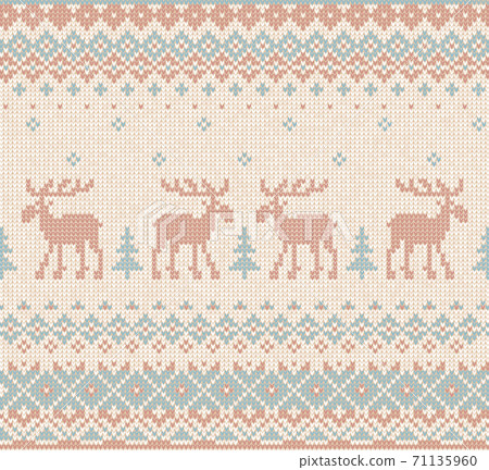 Handmade knitted background pattern reindeers, fir christmas trees. Scandinavian ornaments 71135960