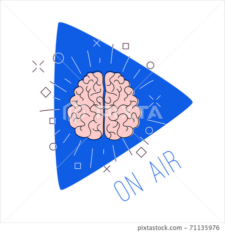 Logo podcast radio broadcast. Human brain blue play button background. Logo podcast radio broadcast. Human brain blue play button background. 71135976