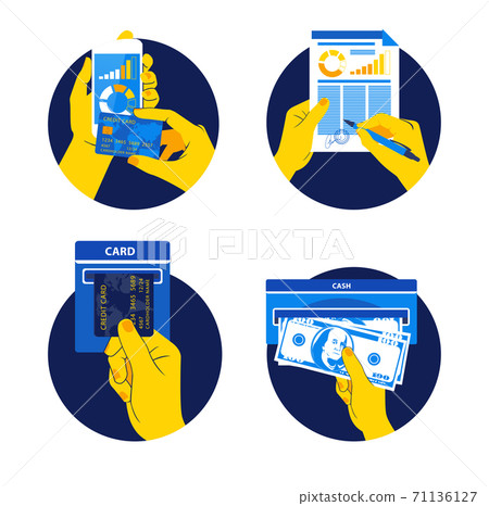 Hands holding credit card, smartphone, money and other commercial objects. Hands holding credit card, smartphone, money and other commercial objects. 71136127