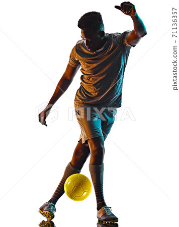 young african soccer player man isolated white background silhouette shadow young african soccer player man isolated white background silhouette shadow 71136357