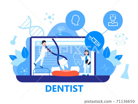 Dentist service vector concept for landing page. Tiny dentists make x-ray scan of teeth to help toothache, to whiten enamel or recovery implant. Online conference for dentistry specialist Dentist service vector concept for landing page. Tiny dentists make x-ray scan of teeth to help toothache, to whiten enamel or recovery implant. Online conference for dentistry specialist 71136650