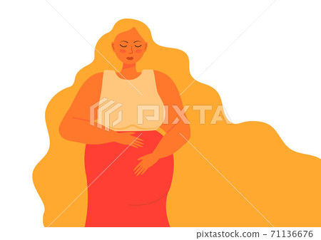 Cute woman with long blond hair hugs her big belly. Love her future baby and for yourself, high esteem and body positive concept vector. Pregnancy concept Cute woman with long blond hair hugs her big belly. Love her future baby and for yourself, high esteem and body positive concept vector. Pregnancy concept 71136676