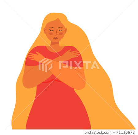 Cute woman with long blond hair hugs herself. Woman is wearing red dress. Love for yourself, high esteem and body positive concept Cute woman with long blond hair hugs herself. Woman is wearing red dress. Love for yourself, high esteem and body positive concept 71136678