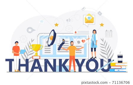 Thank you concept vector. Tiny people thank you for help. Clients evaluate the service, give rate. Like, heart, star icon 71136706