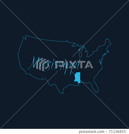 Mississippi state highlighted on United States of America map , USA infographics template. Stock vector illustration isolated on blue background. Mississippi state highlighted on United States of America map , USA infographics template. Stock vector illustration isolated on blue background. 71136855