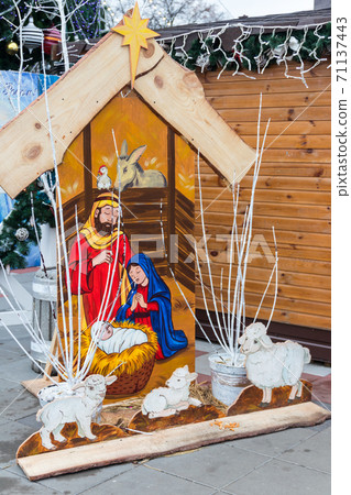 Wooden Christmas nativity scene. Holy family, Baby Jesus, the Virgin Mary and Saint Joseph Wooden Christmas nativity scene. Holy family, Baby Jesus, the Virgin Mary and Saint Joseph 71137443