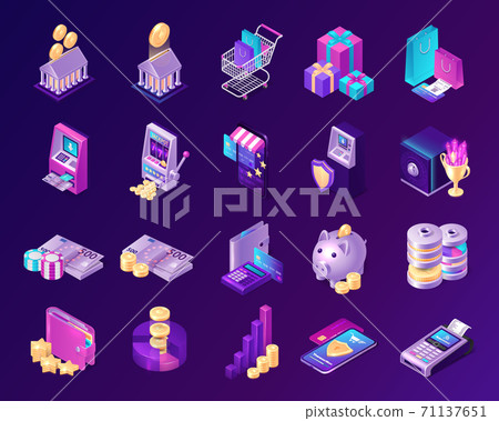 Isometric finance icons with money, bank and atm Isometric finance icons with money, bank and atm 71137651