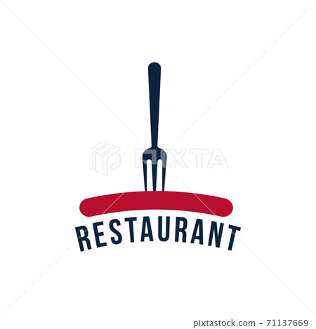 Fork stuck in sausage. Isolated icon on white background. Vertical flat cartoon style vector logo concept for restaurant and bbq Fork stuck in sausage. Isolated icon on white background. Vertical flat cartoon style vector logo concept for restaurant and bbq 71137669
