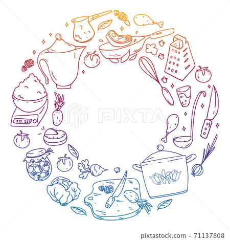 Vector set of cooking, gastronomy, vector cuisine and fast food cafe icons in doodle style. Painted, colorful, gradient, on a sheet of checkered paper on a white background. 71137808