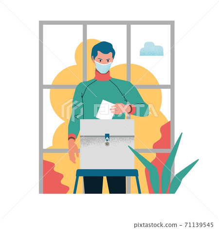 Elector - a man voting in the elections in mask. Elector - a man voting in the elections in mask. 71139545