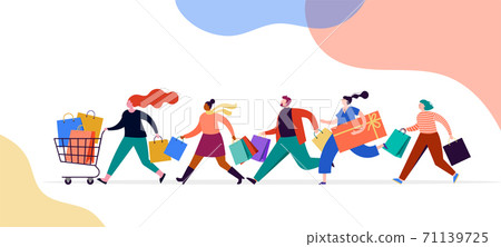 People carrying shopping bags collection. Happy men and women taking part in seasonal sale at store People carrying shopping bags collection. Happy men and women taking part in seasonal sale at store 71139725