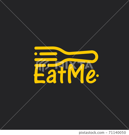 Linear fork with Eat Me text, line art icon on black background. Yellow cutlery, awesome vector logo concept. Flatware for restaurant, food delivery and catering 71140050