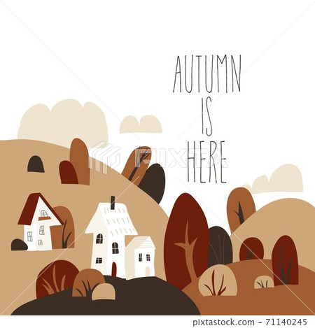 Cartoon autumn landscape with cottages and colorful forest 71140245