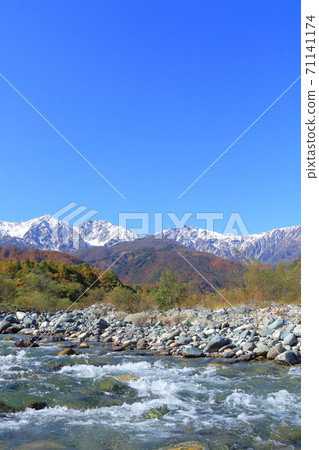 Autumn of Hakuba: Snow-capped Hakuba Sanzan and three-tiered colored leaves 71141174