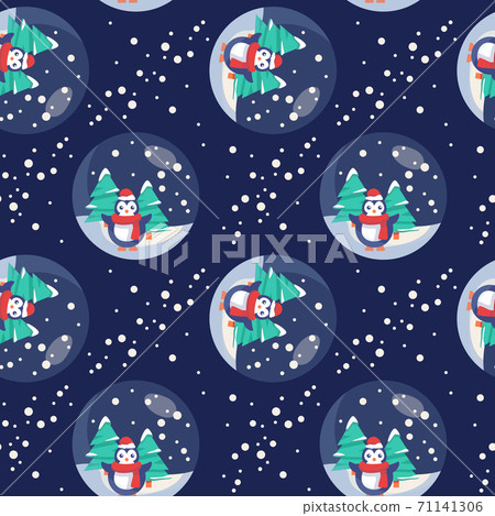 Penguin with fir tree in snowball seamless pattern Penguin with fir tree in snowball seamless pattern 71141306