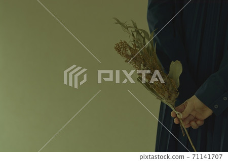 Mimosa / Fusa acacia. Young woman in chic dress on background (soft focus dark tone) Mimosa / Fusa acacia. Young woman in chic dress on background (soft focus dark tone) 71141707