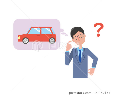 一個男人和一輛紅色的汽車，對汽車有疑問 71142137