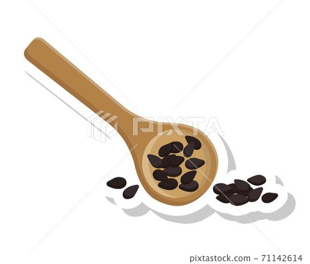 黑芝麻跟木頭的湯匙隔離在白色背景 黑芝麻跟木頭的湯匙隔離在白色背景 71142614