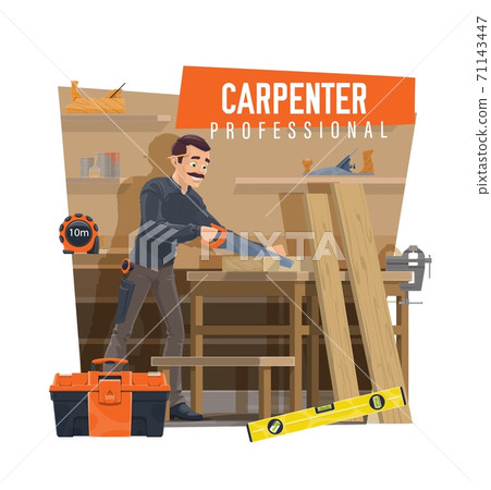 Carpenter cutting wooden board on workbench vector 71143447