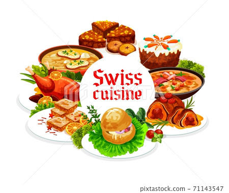 Swiss food cuisine vector dishes, round frame 71143547