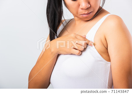 Woman pointing her skin underarm she problem armpit fat underarm wrinkled skin Woman pointing her skin underarm she problem armpit fat underarm wrinkled skin 71143847