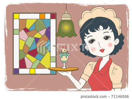 Waitress carrying a parfait, a retro coffee shop with stained glass windows 71146086