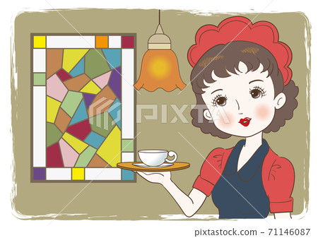 Waitress carrying a cafe Retro cafe with stained glass windows 71146087