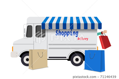 delivery car with colorful shopping bag background in the white studio room 71146439