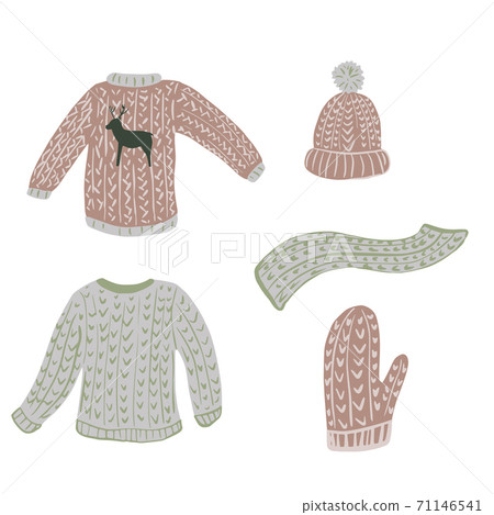 Composition ugly sweater on white background. Scandinavian kit season clothing from sweater, mitten, cap, scarf and foliage sketch hand drawn in style doodle. Composition ugly sweater on white background. Scandinavian kit season clothing from sweater, mitten, cap, scarf and foliage sketch hand drawn in style doodle. 71146541